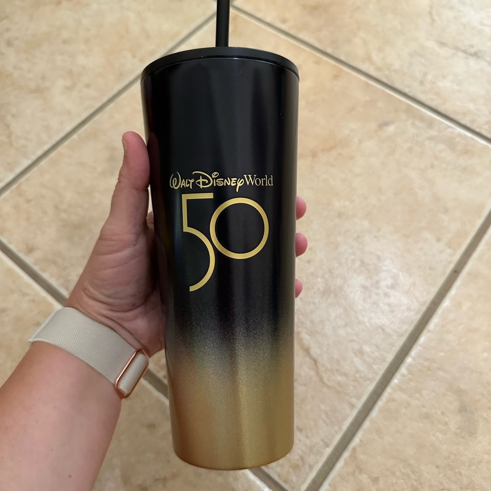 WDW Disney 50th Anniversary Starbucks Black & Gold Tumbler
